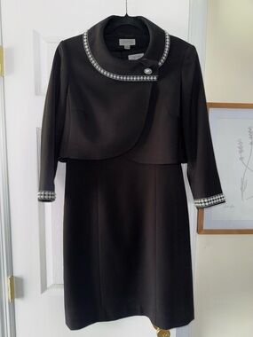 Tahari Black Pearl-Trim Dress and Cropped Jacket Set